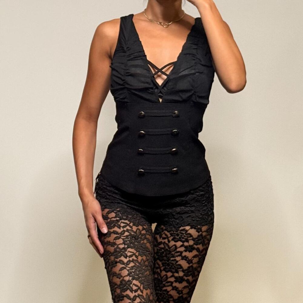 Black V neck Buttoned Top